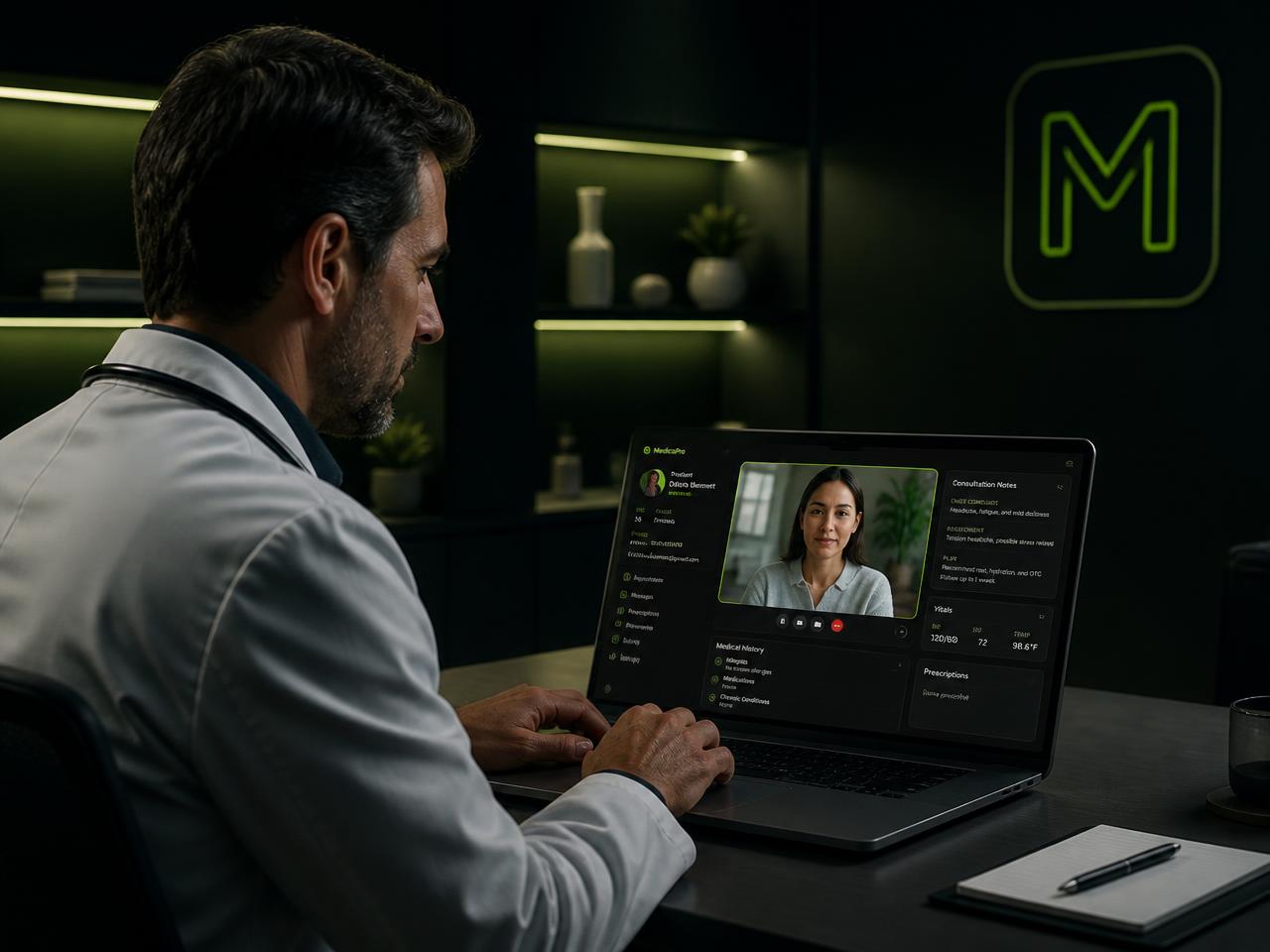 Médico realizando teleconsulta em uma plataforma de telemedicina com marca própria